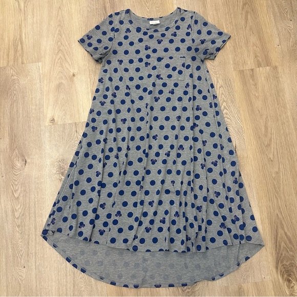 LuLaRoe Grey High-Low Pocketed Swing Dress with Navy Mickey Polka Dots - Picture 1 of 6